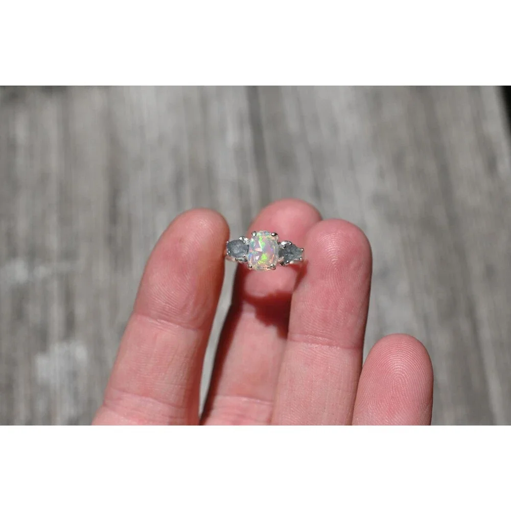 Sterling Silver Opal & Montana Sapphire Ring - Size 5
